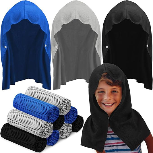 Hosuly 12 Pack Kids Mini Cooling Hoodie Towels Breathable Soft Absorbent Hooded Chilly Towel for Neck and Face Quick Drying UV Sun Protection Cooling Neck Wraps for Sport Workout Camping(Classic)