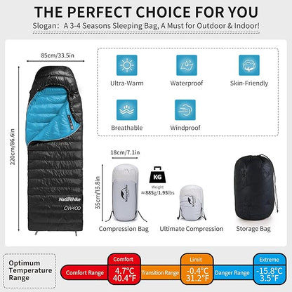 Naturehike Ultralight Down Sleeping Bag, 650FP Backpacking Sleeping Bag for Adults, 42℉ Waterproof Sleeping Bags for Camping, Hiking, Traveling with Compression Sack