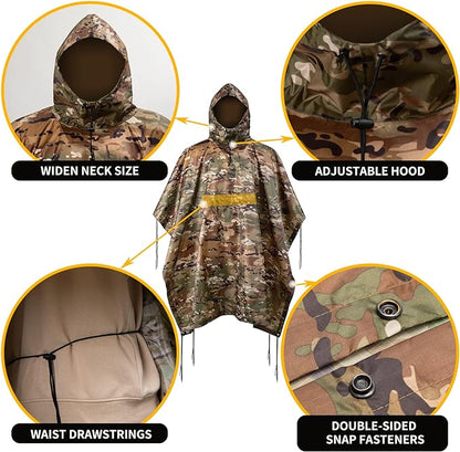 Camo Rain Poncho, Multi Use Waterproof Rain Coat