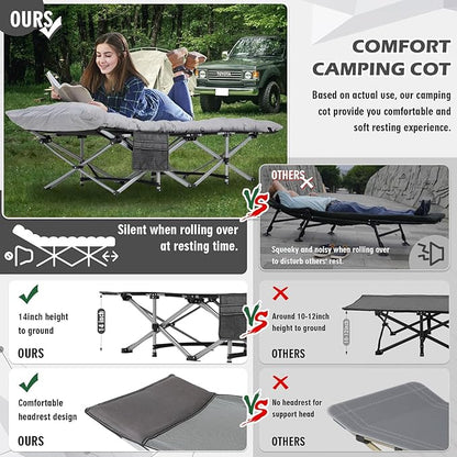 Folding Camping Cot 28inch w/Mattress, Heavy Duty Portable Sleeping Cot with Carry Bag, Double Layer Oxford Travel Camp Cots for Outdoors & Indoors, Suit for Adults Kids，Grey