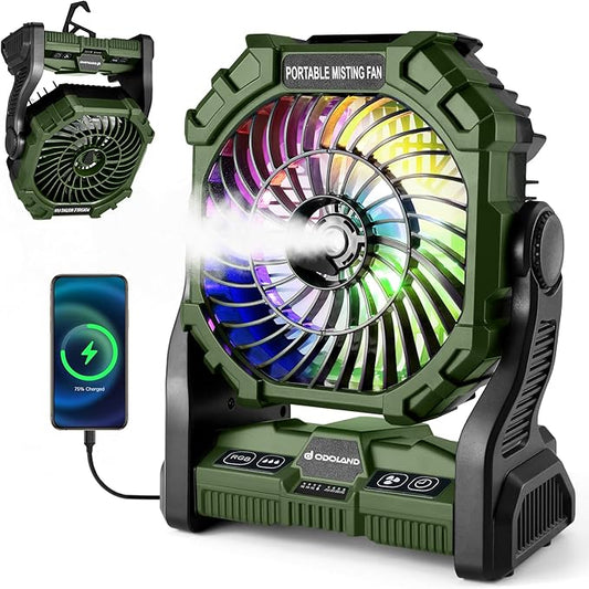 Odoland Portable Misting Fan with LED Light, 10000mAh Battery Operated Rechargeable Camping Mister Fan with 250mL Water Tank and Hook, Outdoor Tent Cooling Mist Fans for Patios Beach Home, Green