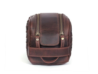10" Premium Leather Toiletry Travel Pouch With Waterproof Lining | King-Size Handcrafted Vintage Dopp - Kit ~ Gift for Father's Day By Aaron Leather Goods (Wheat Brown)