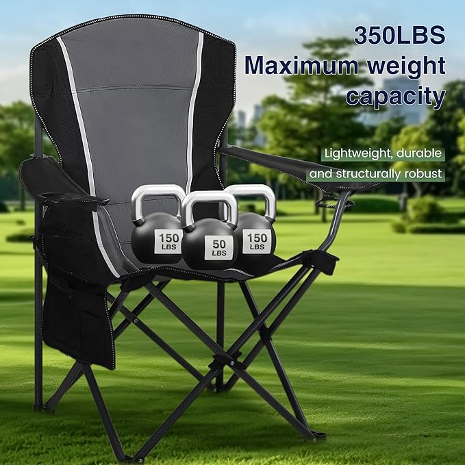 HIGH POINT SPORTS Oversized Camping Folding Chair, Heavy Duty Outdoor Chair with Armrest, Portable Lawn Chair with Cup Holder for Adults Support 350 LBS, 2 Pack, Gray-Black