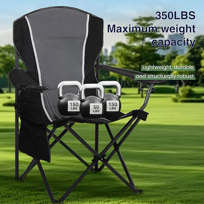 HIGH POINT SPORTS Oversized Camping Folding Chair, Heavy Duty Outdoor Chair with Armrest, Portable Lawn Chair with Cup Holder for Adults Support 350 LBS, 2 Pack, Gray-Black