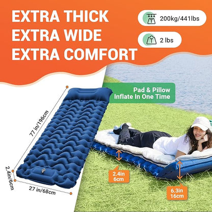 KingCamp Sleeping Pad for Camping, Inflatable Sleeping Pad Ultralight Connectable Camping Mattress with Pillow Built-in Foot Pump for Backpacking Hiking Tent Cot