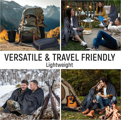 JMR Wool Camping Blanket - Warm Heavy Car Blanket & Camp Quilt - Survival Emergency Blanket for Sleeping Outdoors - Multi-Use Wool Blanket for Camping, Car & Home - 80% Wool, Navy, 66X90