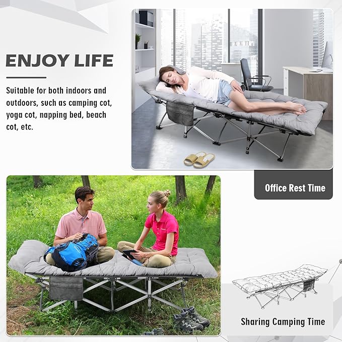 Folding Camping Cot 28inch w/Mattress, Heavy Duty Portable Sleeping Cot with Carry Bag, Double Layer Oxford Travel Camp Cots for Outdoors & Indoors, Suit for Adults Kids，Grey