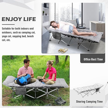 Folding Camping Cot 28inch w/Mattress, Heavy Duty Portable Sleeping Cot with Carry Bag, Double Layer Oxford Travel Camp Cots for Outdoors & Indoors, Suit for Adults Kids，Grey