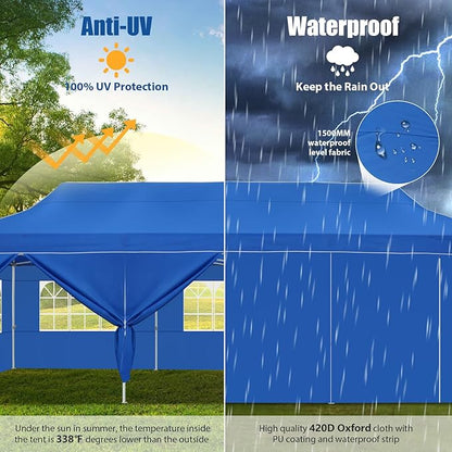 HOTEEL 10x30 Pop up Canopy Tent for Parties, Heavy Duty Easy Setup Tent with 8 Sidewalls, Outdoor Commercial Instant Gazebo for Wedding Event, with Portable Bag & Sand Bags, Blue(Hexagonal Frame)