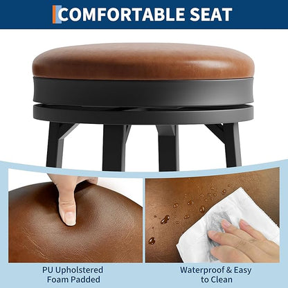 IDEALHOUSE 30'' Swivel Bar Stools Set of 2 with Footrest, Modern Counter Height Barstools with PU Leather Upholstered and Metal Frame, Backless Round Bar Stools for Kitchen Island, Brown