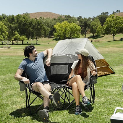 SUNNYFEEL Folding Double Camping Chair, Oversized Loveseat Chair, Heavy Duty Portable/Foldable Lawn Chair with Storage for Outside/Outdoor/Travel/Picnic, Fold Up Camp Chairs for Adults 2 People