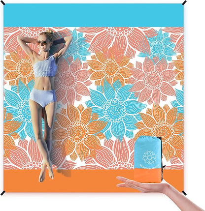 Beach Blanket Sandproof Extra Large Beach Mat Adults Waterproof Quick Drying Sand Free Mat Made by Premium Polyester with 4 Stakes & 4 Corner Pockets for Outdoor Travel Camping Hiking