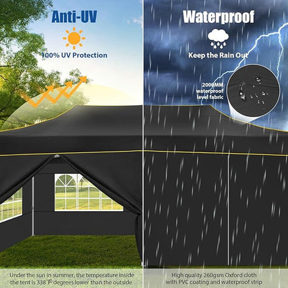 HOTEEL 13x26 Pop up Canopy Tent for Parties, Heavy Duty Easy Setup Tent with 6 Sidewalls, Outdoor Commercial Instant Gazebo for Wedding Event, with Roller Bag & Sand Bags, Black(Hexagonal Frame)