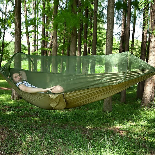 LFL Camping Hammock with Mosquito Net, Hammocks with 13ft Tree Straps Carabiners, Automatic Quick Open Outdoor Portable Hammock, Nylon Parachute Material Outside Hiking Gear (Green)