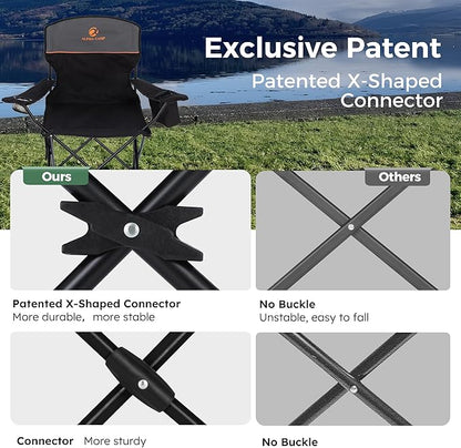 ALPHA CAMP Folding Camping Chairs for Adults Lawn Chairs Outdoor Chairs Support 250 LBS Portable Camp Chairs with Cup Holders Cooler Pouch for Outdoor, 2 Pack (Black)