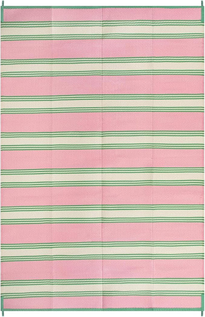Lahome Striped Outdoor Rug Waterproof, 6x9 Reversible Outdoor Plastic Straw Rug for Camping, RV Patio Rugs Large Carpet for Porch Deck Backyard Balcony Picnic(Pink/Green,6'x 9')