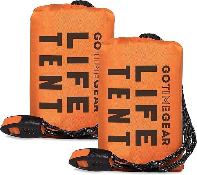 Go Time Gear Survival Life Tent • 2 Person Mylar Emergency Shelter Tube Tent + Paracord • All-Weather Protection for Camping, Hiking, & Survival Kits • Includes Emergency Whistle
