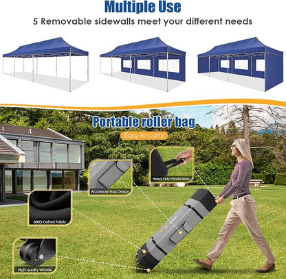 HOTEEL 10x30 Pop up Canopy Tent for Parties, Heavy Duty Easy Setup Tent with 5 Sidewalls, Outdoor Commercial Instant Gazebo for Wedding Event, with Roller Bag & Sand Bags, Dark Blue(Hexagonal Frame)