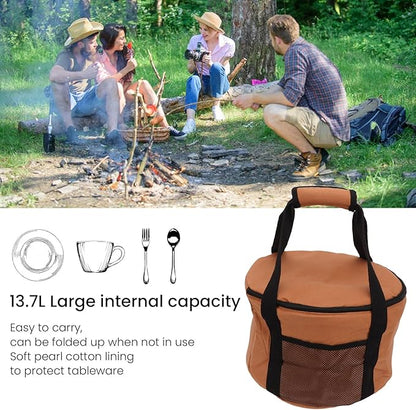 Topyond Camp Kitchen Organizer, Camp Utensil Organizer, Outdoor Large Round Cookware Bag, Foldable Waterproof Canvas Camping Sundries Storage Bag with Pearl Cotton Inside