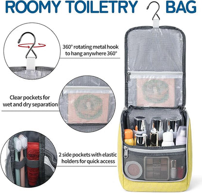 Travel Hanging Toiletry bag for Men & Women, Water-resistant Sturdy Nylon Toiletries Organizer for Cosmetics, Makeup Brushes, Shaving Tools, Bathroom Bag, Yellow