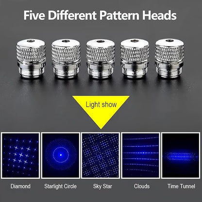 High Power Blue Flashlight, Long Range Powerful Blue Light, Rechargeable Flashlight with 5 Star-Cap for Camping, Hiking, Hunting, Fishing, Silver