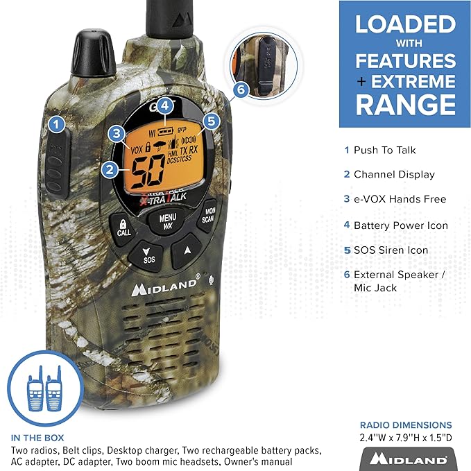 Midland – Handheld GMRS 50 Channel Two-Way Radio - Long Range Walkie Talkies with Rechargeable Batteries - GXT1050VP4 - Hiking Hunting Camping Gear – Boom Mic headsets - Mossy Oak Camo – Combo 2 Pack