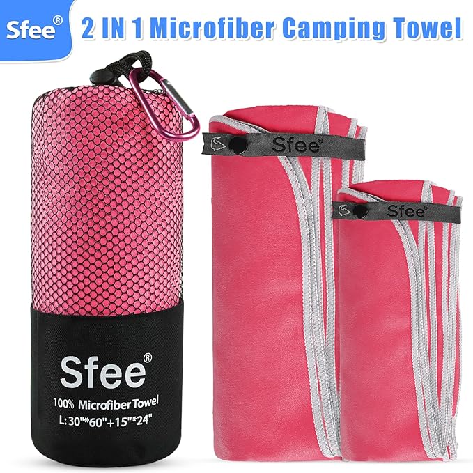 Sfee 2 Pack Microfiber Travel Towel, Quick Dry Towel Camping Towel Beach Towel Super Absorbent Compact Lightweight Sports Towel Gym Towel Set for Beach, Gym, Hiking, Pool, Backpacking, Bath, Yoga
