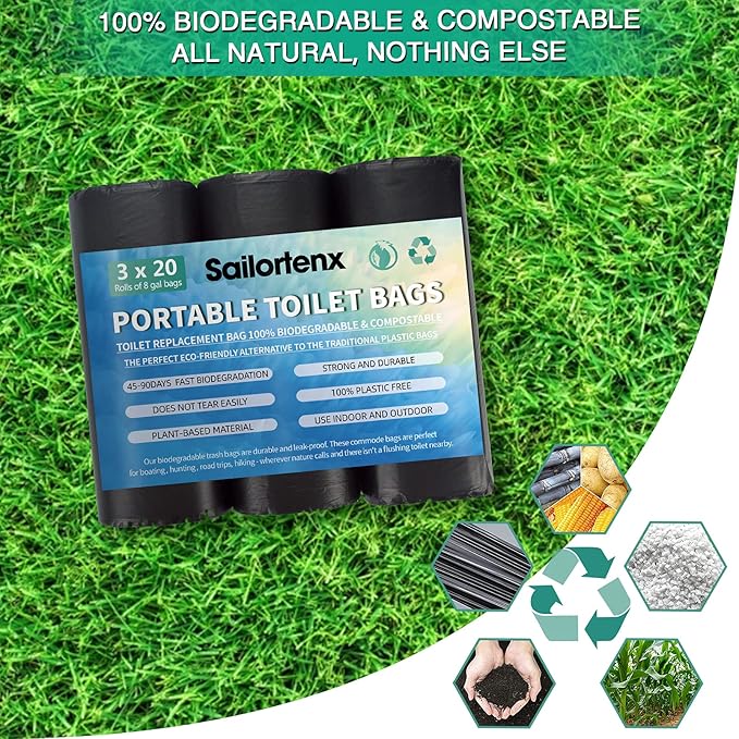 60 Count 8 Gallon Biodegradable Compostable Portable Toilet Bags, 100% Plant-Based, No Leaks, Disposable, Perfect for Camping, Hiking, Boating, Hunting