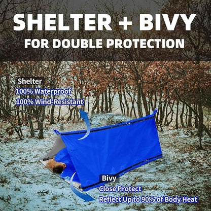 Frelaxy Emergency Tent Emergency Sleeping Bag Set, Survival Shelter & Emergency Bivy with Whistles, Paracord, Storage Pouches, and EVA Case, Perfect for Survival Kits