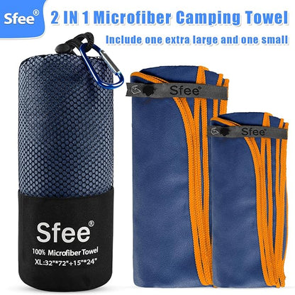 Sfee 2 Pack Microfiber Travel Towel, Quick Dry Towel Camping Towel Large Beach Towel Super Absorbent Compact Lightweight Sports Towel Gym Towel Set for Beach, Gym, Hiking, Pool, Backpacking,Bath,Yoga