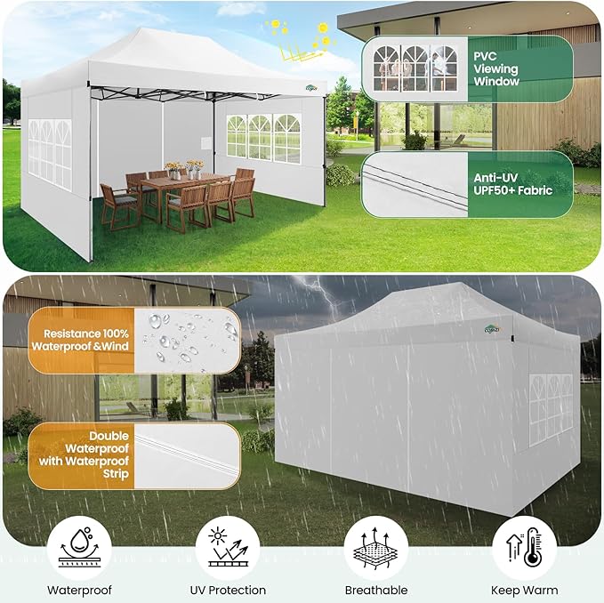 COBIZI 10x15 Heavy Duty Pop up Canopy Tent with 4 sidewalls Commercial Outdoor Canopy Wedding Party Tents for Wedding All Season Wind & Waterproof Gazebo with Carry Bag, White(Frame Thickened)