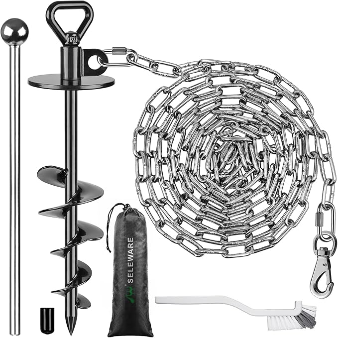 SELEWARE Dog Tie Out Stake Outdoor Anti-Rust Dog Anchor with Stainless Steel Dog Chain Leash for Large Dogs up to 220 lbs, Free Rotation Dog Stake Dog Camping Gear 15 ft Long