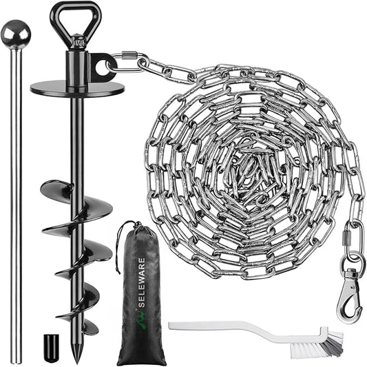 SELEWARE Dog Tie Out Stake Outdoor Anti-Rust Dog Anchor with Stainless Steel Dog Chain Leash for Large Dogs up to 220 lbs, Free Rotation Dog Stake Dog Camping Gear 15 ft Long