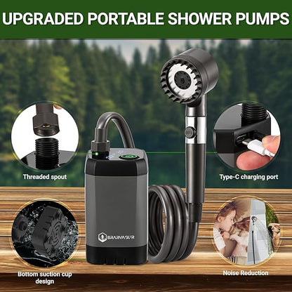 Upgrade Portable Camping Shower, 6000mAh Rechargeable Electric Shower Pump with Intelligent Digital Display Multiple Spray Modes Filtered Shower Head with Handheld for Outdoor Hiking, Travel