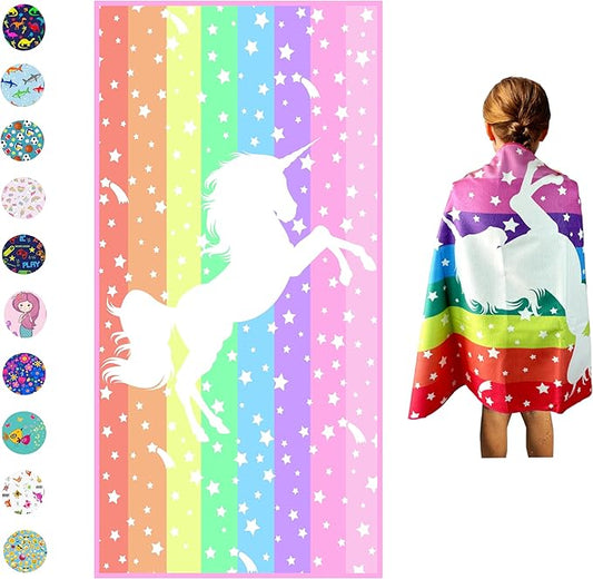 Microfiber Beach Towel for Kids - Thin and Large (30"x60")- Unicorn Pastel -Absorbent, quick dry, sand free, lightweight - toddler, girls, boys - For Sports, Pool, Picnic, Camping, Travel, Swim