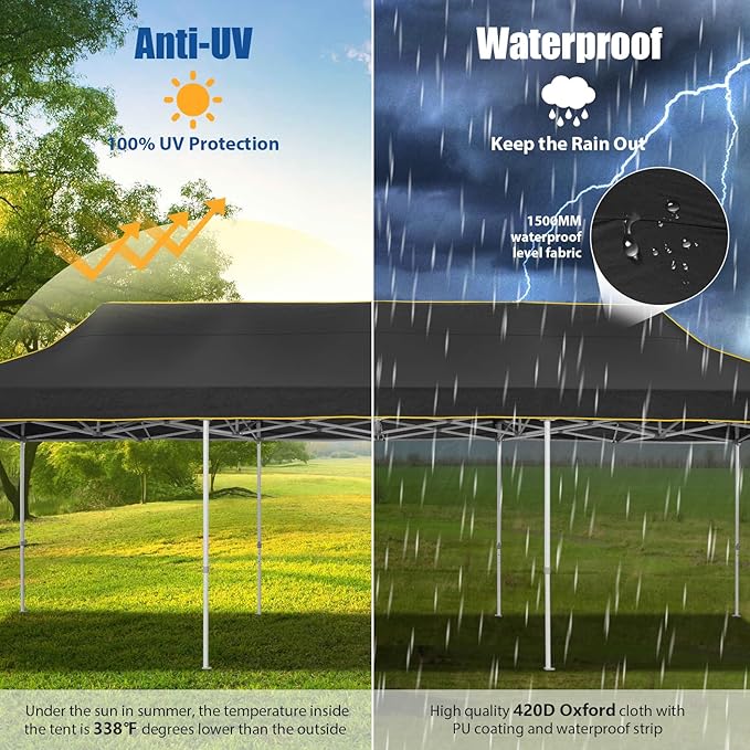 HOTEEL 10x30 Pop up Canopy Tent for Parties, Heavy Duty Easy Setup Tent Without Sidewalls, Outdoor Commercial Instant Gazebo for Wedding Event, with Portable Bag, Black(Hexagonal Frame)