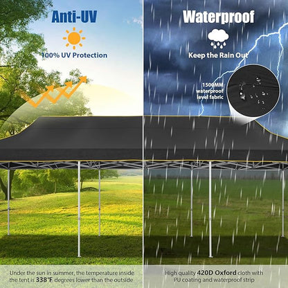 HOTEEL 10x30 Pop up Canopy Tent for Parties, Heavy Duty Easy Setup Tent Without Sidewalls, Outdoor Commercial Instant Gazebo for Wedding Event, with Portable Bag, Black(Hexagonal Frame)