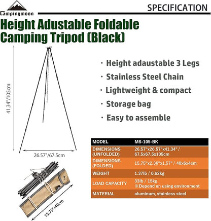 CAMPINGMOON Camping Campfire Tripod with Carrying Bag Portable Lightweight Aluminum 41.3-inch Height Stainless Steel Chain