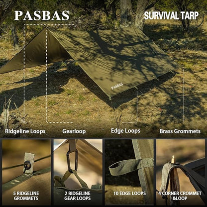 100% Waterproof Camping Shelter,Lightweight Bushcraft Emergency Tarp,70D Ripstop Nylon 10X10 ft Olive Drab Sun Shelter Backpacking Protable Can be Used with Car、Tent、Hammock in Hiking、Traveling、Garden