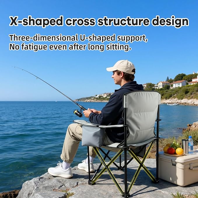 Heavy Duty Camping Chairs 600D Oxford Portable Folding Chair - Extra Wide Armrests, Cup Holder & Cooler Bag, Supports 350lbs, Ideal for Outdoor, Beach, Picnic & Sports