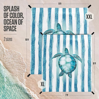 VENTURE 4TH Family-Size Beach Blanket: Sandproof, Waterproof, Lightweight & Compact. Includes Stakes and Carry Bag. 7x8 feet XL Striped Turtle