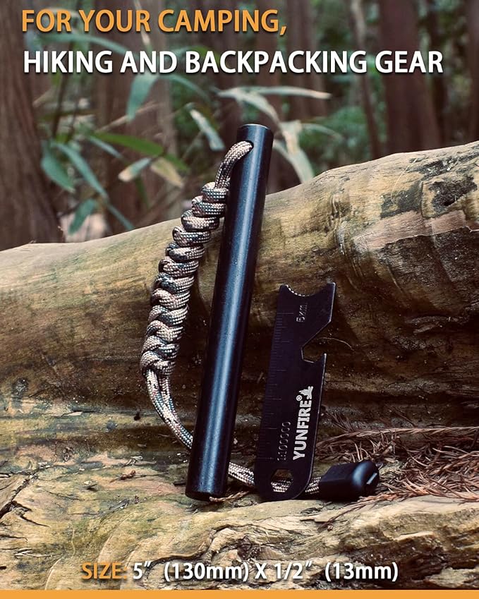 YUNFIRE Fire Starter-5" x 1/2" Thick Ferro Rod with Multi-Tool Striker & Type 550 Paracord, 25,000+ Strikes, Drilled Flint Fire Steel for Emergency Survival, Camping, Hiking