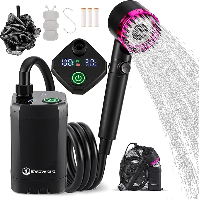 Upgrade Portable Camping Shower, 6000mAh Rechargeable Electric Shower Pump with Intelligent Digital Display Multiple Spray Modes Filtered Shower Head with Handheld for Outdoor Hiking, Travel