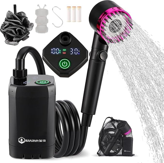 Upgrade Portable Camping Shower, 6000mAh Rechargeable Electric Shower Pump with Intelligent Digital Display Multiple Spray Modes Filtered Shower Head with Handheld for Outdoor Hiking, Travel