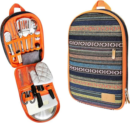 Camping Cooking Utensils Set - Camping Utensil Set Car Camping Cooking Essentials Gear for Camp Kitchen Cooking and Grilling, Stainless Steel & Silicone Ideal Gift for RV Tent Camper