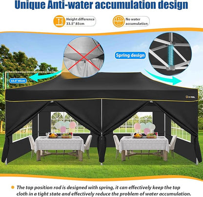 HOTEEL 13x26 Pop up Canopy Tent for Parties, Heavy Duty Easy Setup Tent with 6 Sidewalls, Outdoor Commercial Instant Gazebo for Wedding Event, with Roller Bag & Sand Bags, Black(Hexagonal Frame)