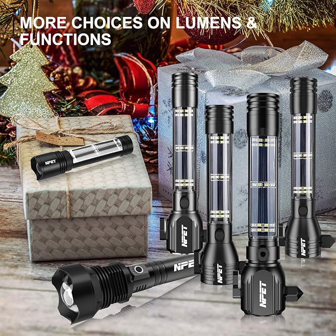 NPET T09 Solar Flashlight Car Flashlight 268 Lumens LED COB Light USB Rechargeable Tactical Multi-Function Torch Tool with Window Breaker Seat Belt Cutter Compass