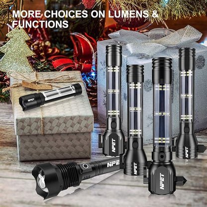 NPET T09 Solar Flashlight Car Flashlight 268 Lumens LED COB Light USB Rechargeable Tactical Multi-Function Torch Tool with Window Breaker Seat Belt Cutter Compass