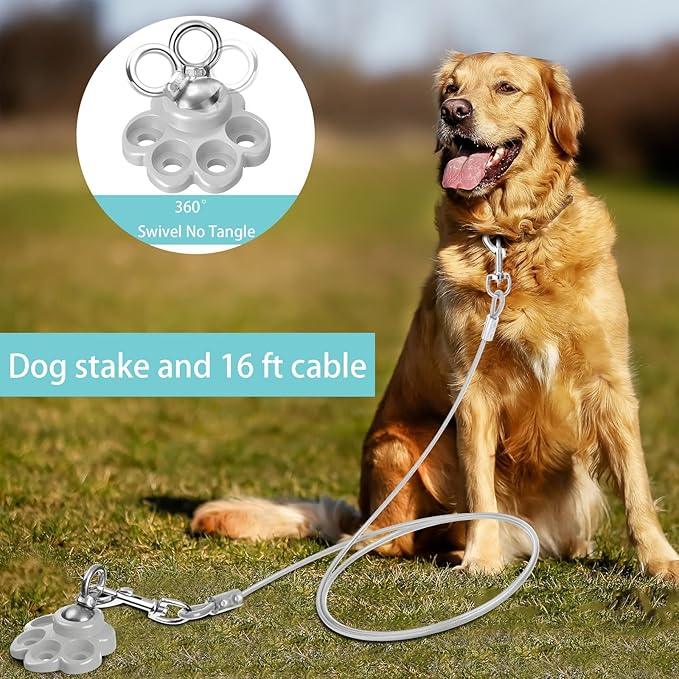 360° Swivel Dog Tie out Cable and Stake Stainless Steel Heavy Dog Stake 1200 Lbs of Pull Force, Rust Proof No Tangle Holds for Yard Outdoor Camping, Contains Screws (Silver)