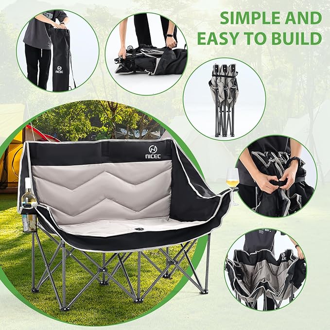 Nice C Loveseat Camping Chair, Double Camping Chair, Outdoor Camping Couch, Oversized Camping Loveseat, Padded Folding Chair for Adults, with Cooler Bag, Wine Glass Holder (Black&Grey)